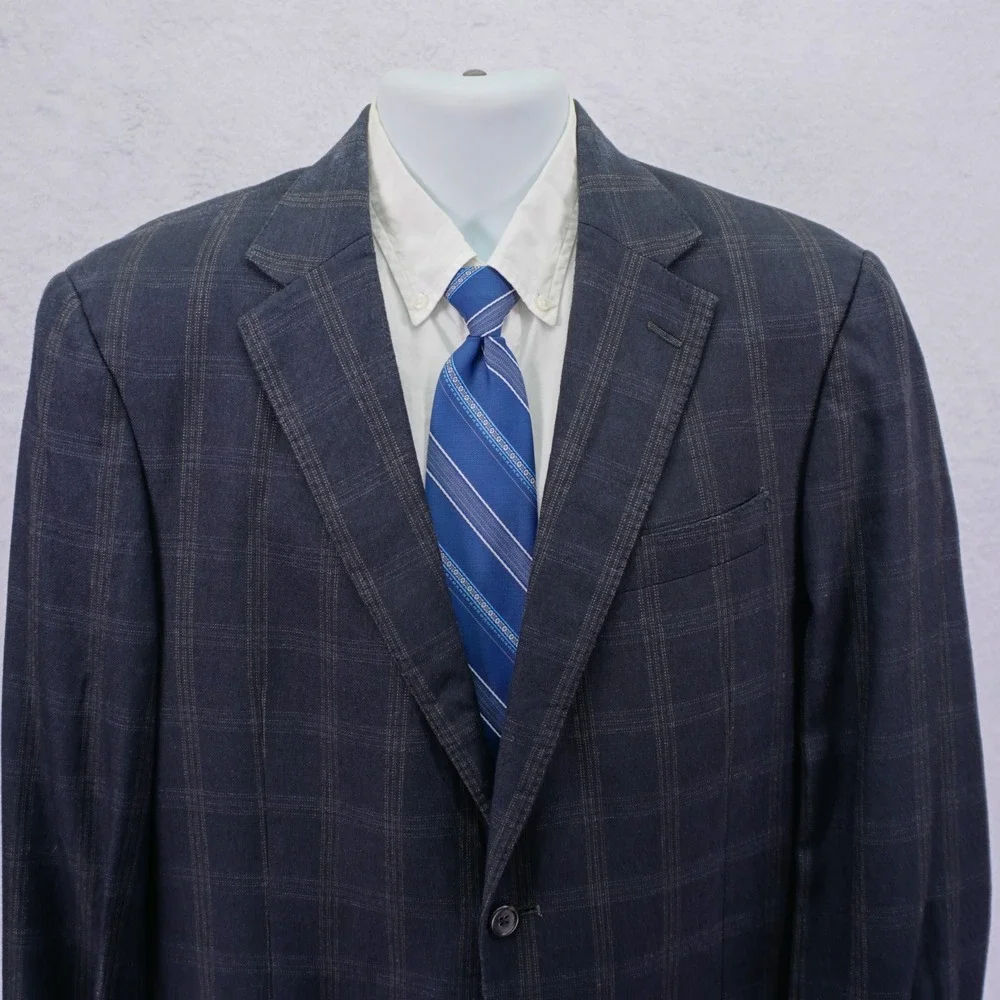 Hart Schaffner Marx Blue / Gray With Tan White Windowpane Wool Sport Coat‎ 42L
